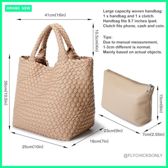 Vegan Leather Tote Shoulder Bag with Clutch, Faux Leather Woven Handbag - Picture 3 of 7